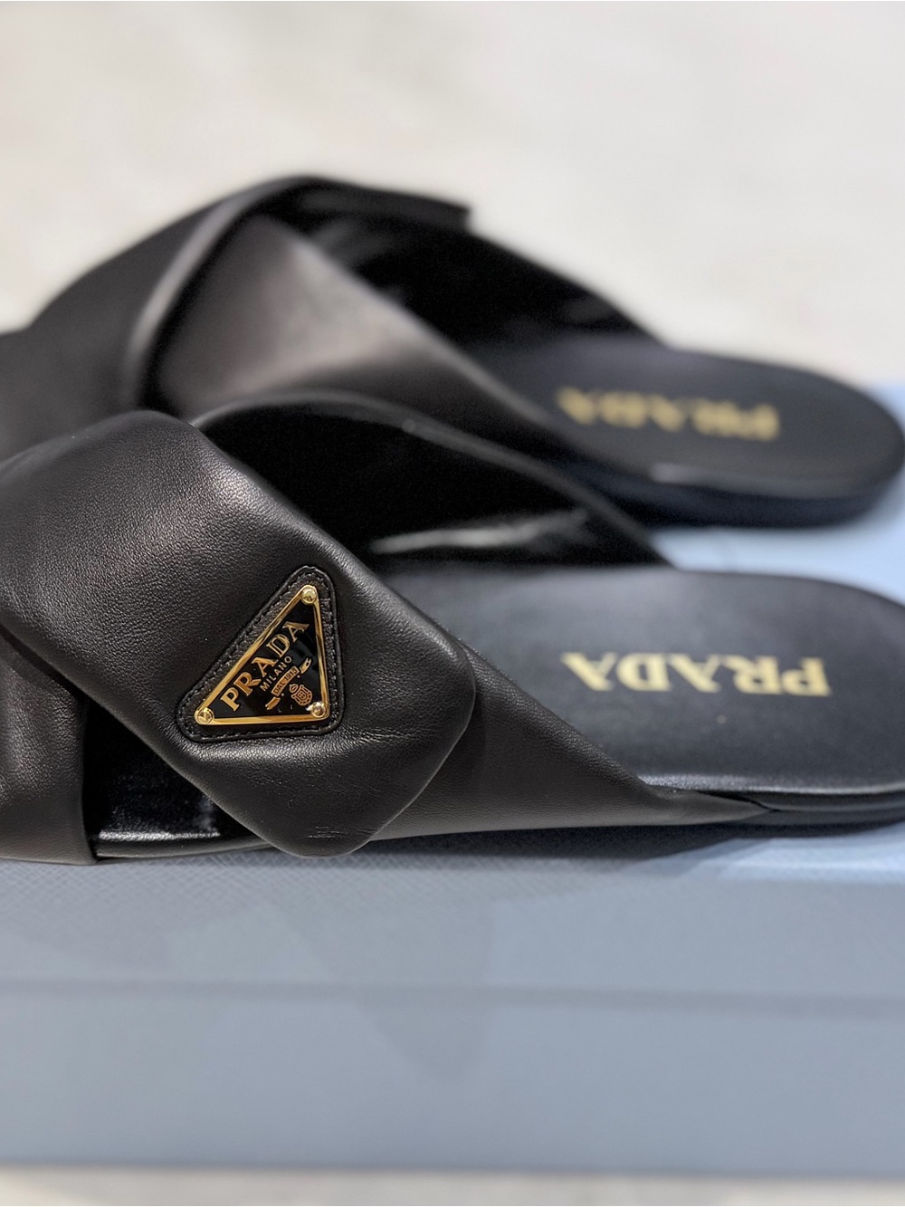 Prada Soft nappa padded Black Slide Sandals with metal gold logo - Picture 3 of 6